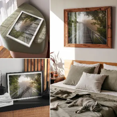 Poster con colori saturi ponte nella nebbia su un fiume in un ambiente verdeggiante
