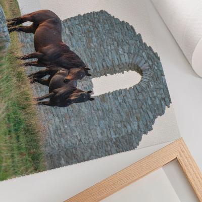 Poster dai colori saturi Il contrasto tra rovine e cavalli nel verde