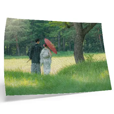 Poster con colori saturi che ritrae abiti tradizionali con ombrello su un prato verde e alberi