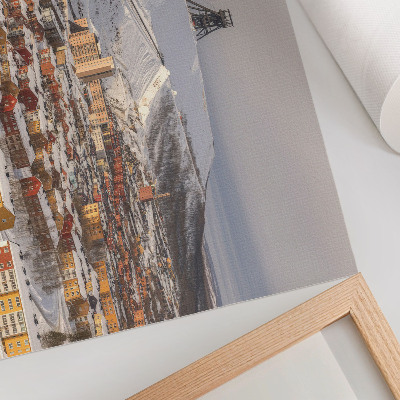 Poster murale di alta qualità Cittadina invernale con edifici colorati che contrastano con la neve