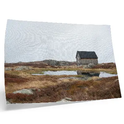 Poster casetta di legno, brughiera e acqua calma