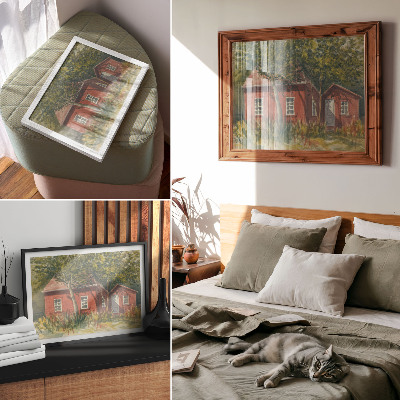 Poster Casa in legno, alberi, vegetazione rigogliosa, idilliaco