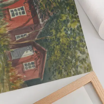 Poster casa in legno immersa in una vegetazione rigogliosa e idilliaca