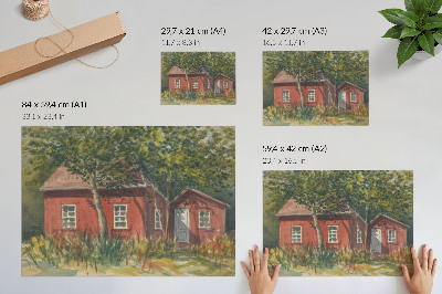 Poster Casa in legno, alberi, vegetazione rigogliosa, idilliaco