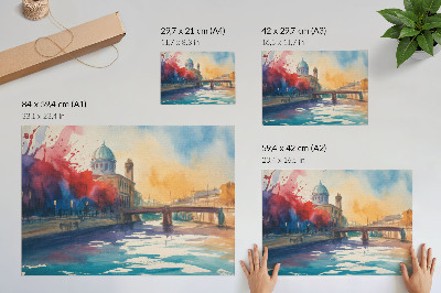 Poster murale di alta qualità Riflessi d'acqua urbani sulla cupola di un ponte ad acquerello