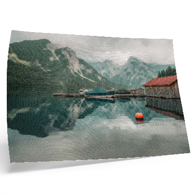 Poster Lago di montagna riflesso pace barche di legno
