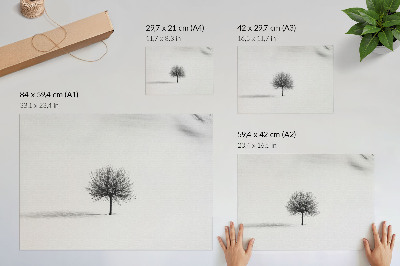 Poster dai colori saturi Motivo minimalista di armonia nel paesaggio invernale con alberi.