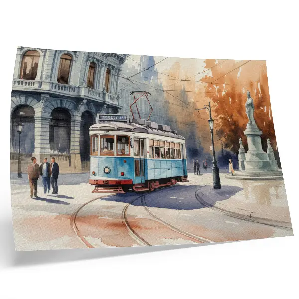 Poster con illustrazione artistica di un tram cittadino d'epoca ad acquerello