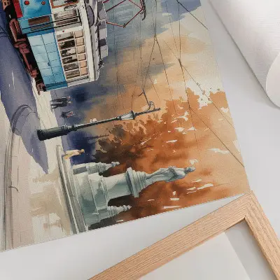 Poster con illustrazione artistica di un tram cittadino d'epoca ad acquerello