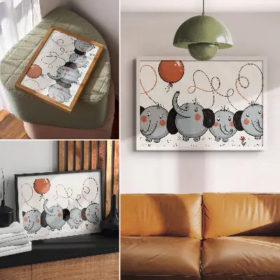 Poster elefanti con palloncini a tema pulizia, divertimento e gioia