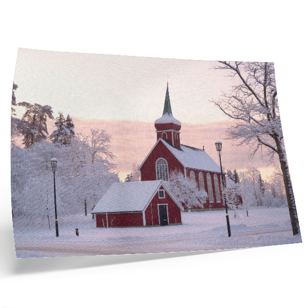 Poster Cappella Rossa Inverno Alberi Innevati Cielo Pastello