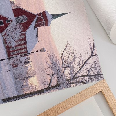 Poster Cappella Rossa Inverno Alberi Innevati Cielo Pastello