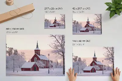 Poster cappella rossa in inverno con alberi innevati e cielo pastello