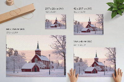 Poster Cappella Rossa Inverno Alberi Innevati Cielo Pastello