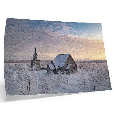 Poster murale di alta qualità paesaggio invernale con una chiesa in legno