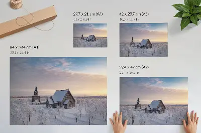 Poster murale di alta qualità paesaggio invernale con una chiesa in legno