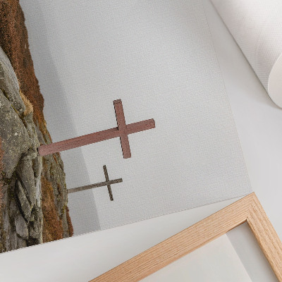 Poster Tre croci di legno, natura nebbiosa della collina