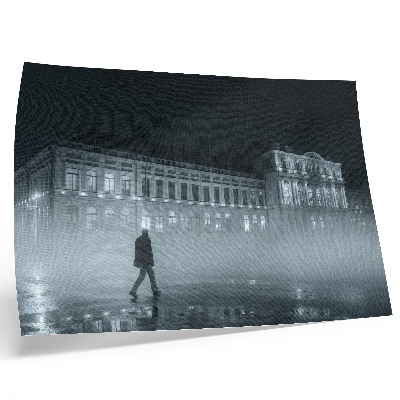 Poster dai colori saturi Nebbia notturna della città, edificio monumentale