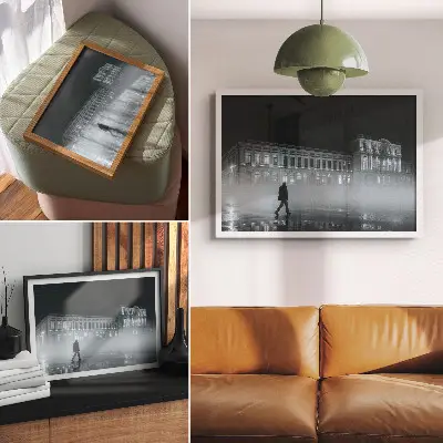Nebbia notturna della città, edificio monumentale poster dai colori saturi
