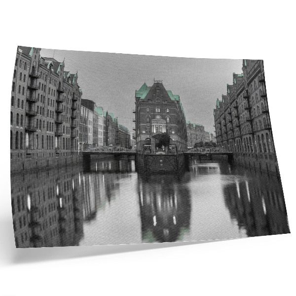 Poster murale di alta qualità Canale con edifici industriali, riflessi nell'acqua