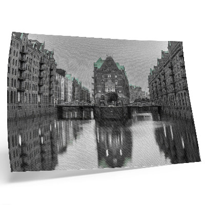 Poster murale di alta qualità Canale con edifici industriali, riflessi nell'acqua
