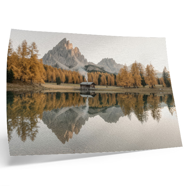 Poster Montagne, riflesso, casetta, alberi dorati, lago tranquillo