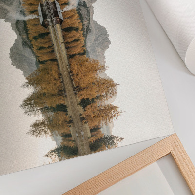 Poster Montagne, riflesso, casetta, alberi dorati, lago tranquillo