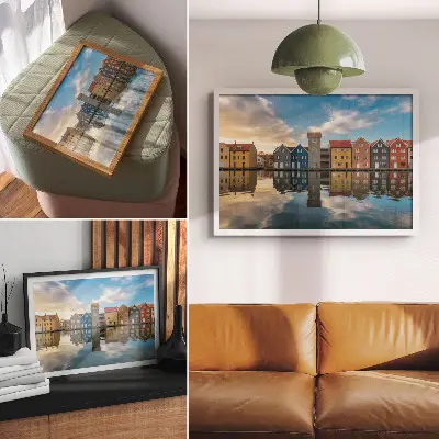 Poster con case colorate in riva all'acqua riflessi architettonici dai colori saturi