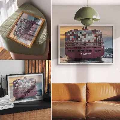 Poster murale di alta qualità raffigurante una nave portacontainer carica di container colorati sull'acqua