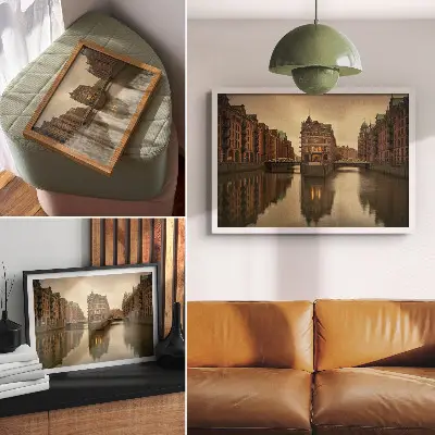 Poster con edifici storici con canali, acque calme e ponti dai colori saturi