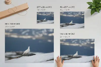 Poster con uccello nella neve paesaggio invernale dai colori saturi e delicati