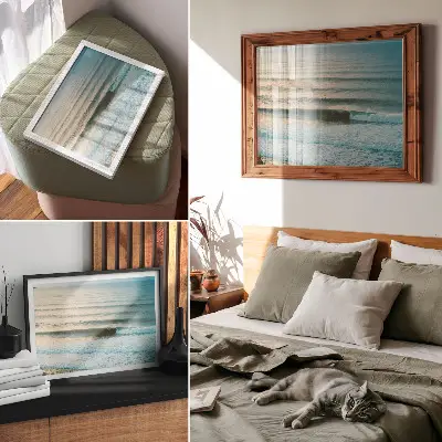 Poster onde oceaniche con orizzonte calmo e surfisti