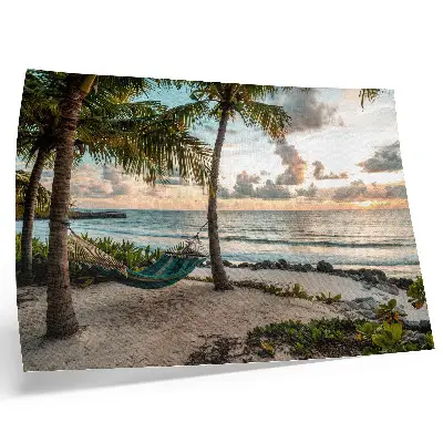 Poster con spiaggia tropicale e palme stampa decorativa con amaca e colori saturi