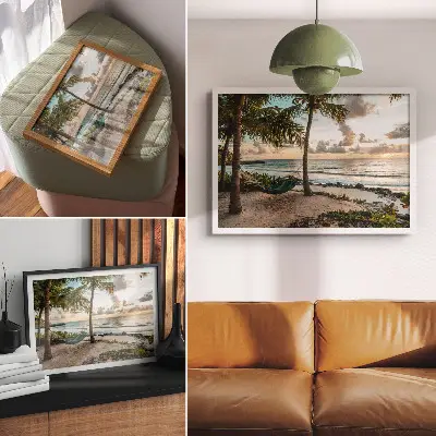 Poster con spiaggia tropicale e palme stampa decorativa con amaca e colori saturi