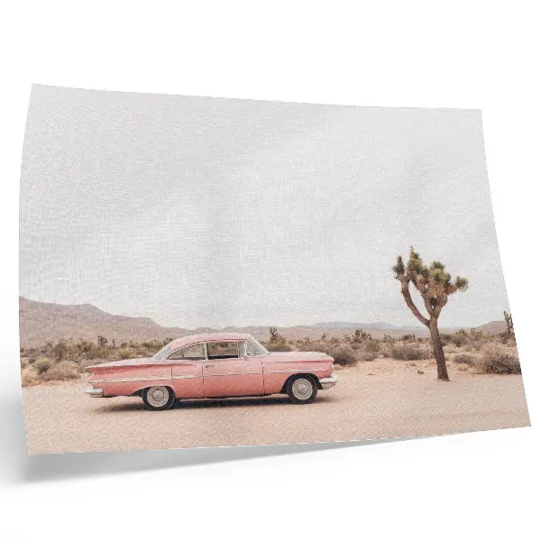 Poster murale di alta qualità con un'auto d'epoca nel deserto accanto a un albero solitario