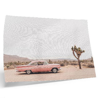 Poster murale di alta qualità Un'auto d'epoca nel deserto, accanto a un albero solitario.