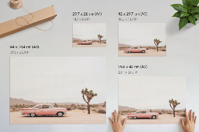 Poster murale di alta qualità Un'auto d'epoca nel deserto, accanto a un albero solitario.
