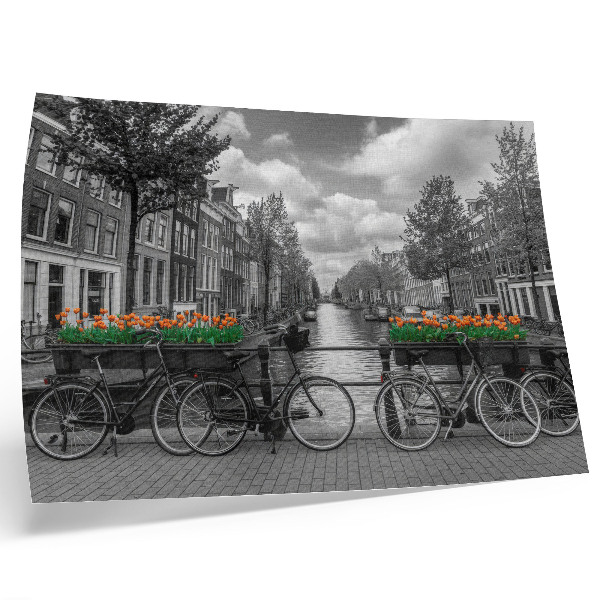 Poster dai colori saturi Una vista incantevole del canale, biciclette, tulipani, nero e arancione