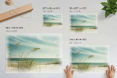 Poster murale di alta qualità erba sulla spiaggia con oceano e cielo sereno