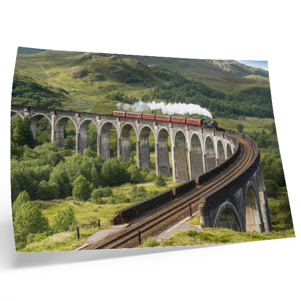 Poster Un viadotto con un treno tra verdi colline
