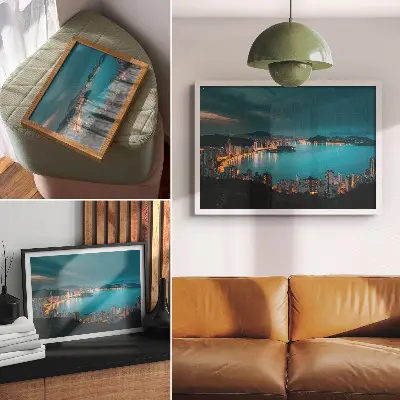 Poster con colori saturi vista notturna della città sull'acqua con grattacieli luminosi