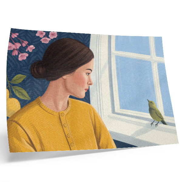 Poster Donna con una camicia gialla e un uccellino sul davanzale della finestra