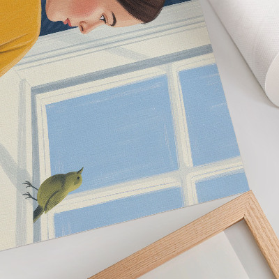 Poster Donna con una camicia gialla e un uccellino sul davanzale della finestra