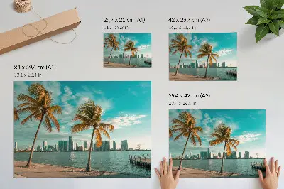Poster con veduta di palme, lago, grattacieli e cielo turchese in un'atmosfera calma