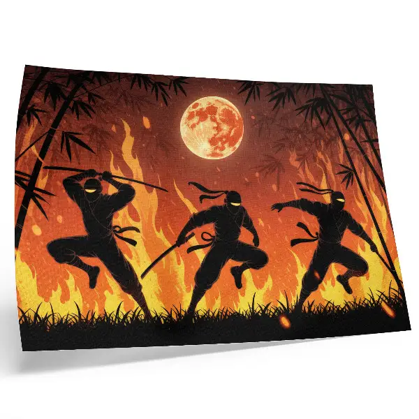 Poster murale di alta qualità scena notturna dinamica con ninja e fiamme