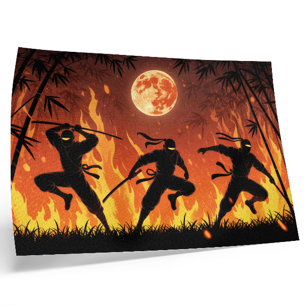 Poster murale di alta qualità Scena notturna energica con ninja e fiamme.