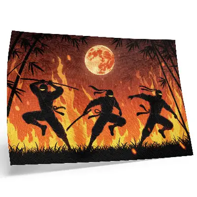 Poster murale di alta qualità scena notturna dinamica con ninja e fiamme