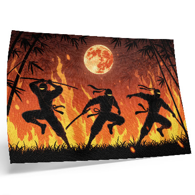 Poster murale di alta qualità Scena notturna energica con ninja e fiamme.