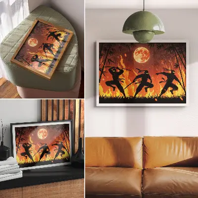 Poster murale di alta qualità scena notturna dinamica con ninja e fiamme