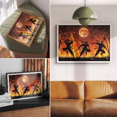 Poster murale di alta qualità Scena notturna energica con ninja e fiamme.